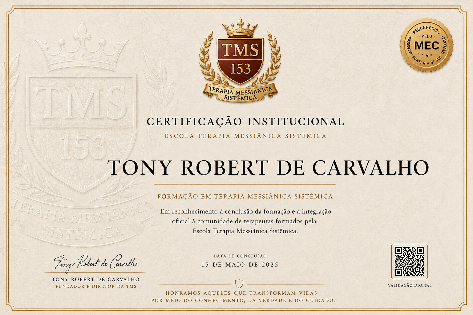 Exemplo real do certificado da Formação TMS